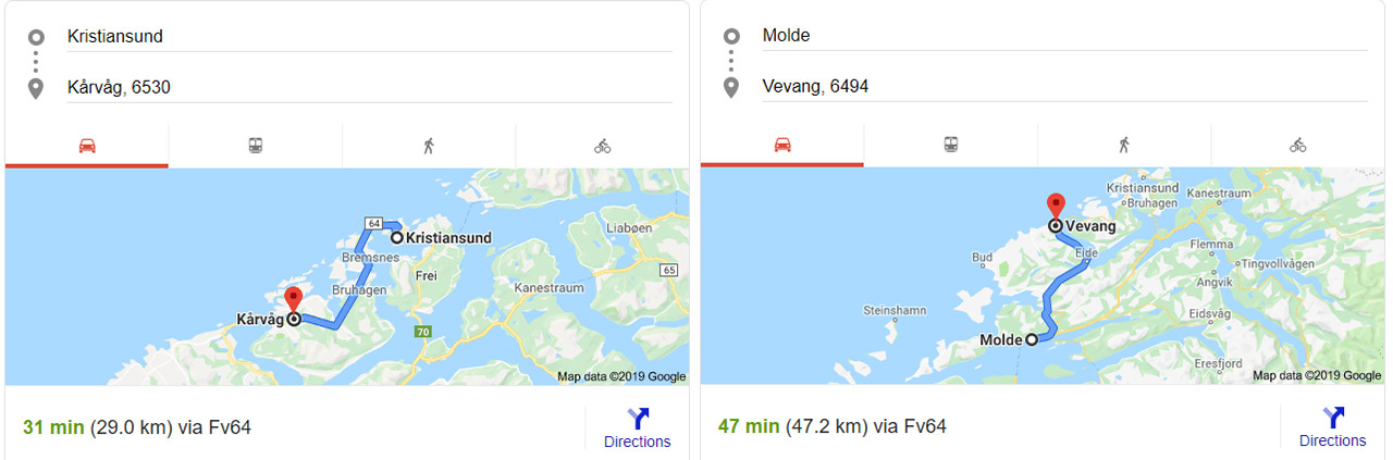 Avstand til Atlanterhavsveien fra Kristiansund vs. Molde.