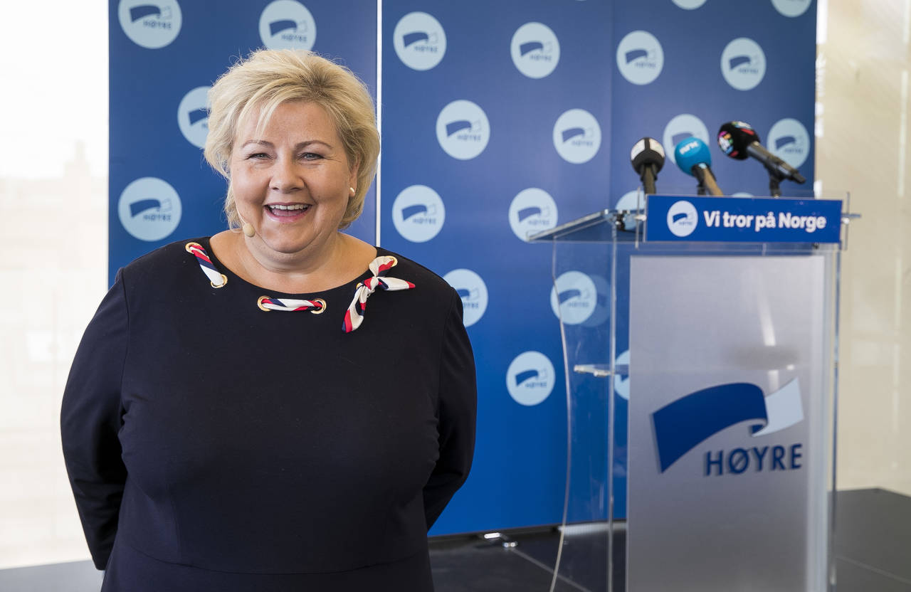 Statsminister Erna Solberg la fram Høyres skoleløfter foran valgkampen. Hun gjør kampen mot frafall i videregående skole til et hovedmål for regjeringen fremover. Foto: Terje Pedersen / NTB scanpix