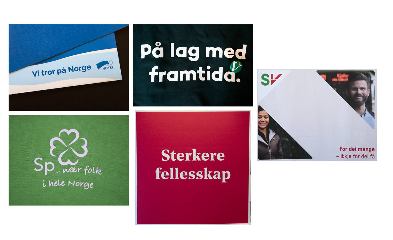 Slagordene til Høyre, Venstre, SV, Senterpartiet og Arbeiderpartiet. Foto: Lise Åserud / NTB scanpix