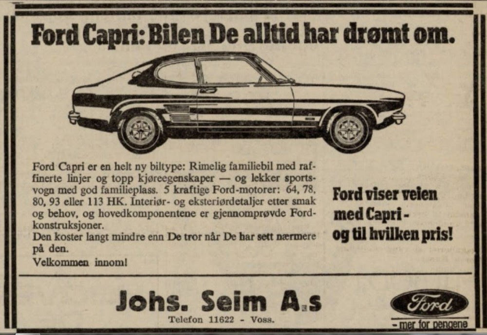 JUBILANT: Det er 50 år siden Ford Capri kom på markedet. Den gang ønsket de å friste kundene med en rimelig sportsbil. FOTO: Produsenten