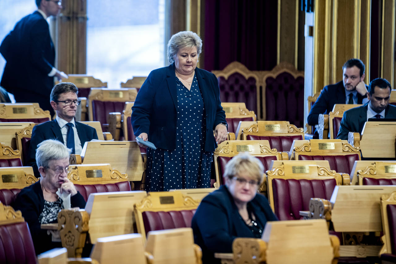 Statsminister Erna Solberg (H) under finansdebatten i Stortinget nylig. Foto: Stian Lysberg Solum / NTB scanpix
