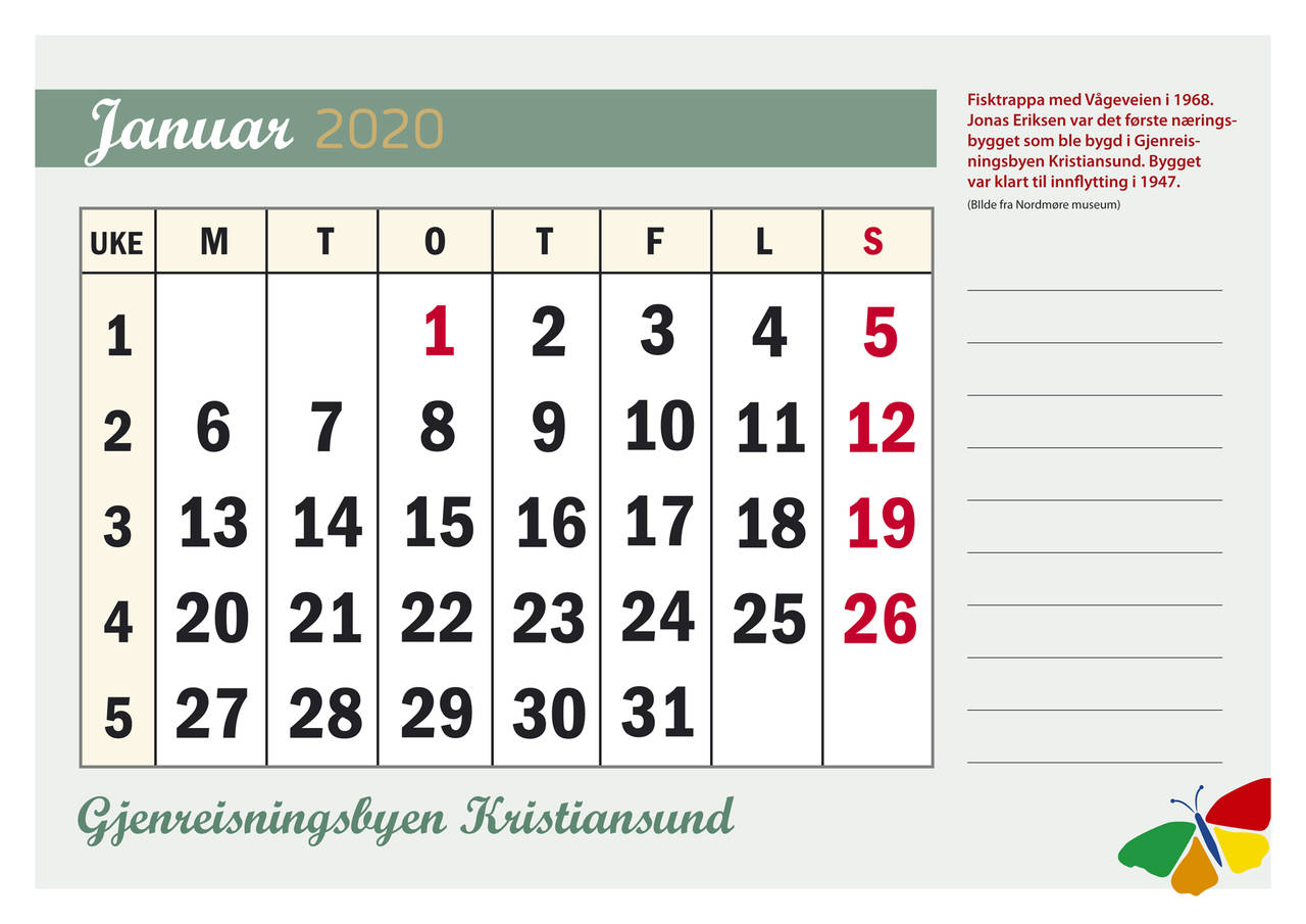 Oversiktlig kalender med muligheter for notater.