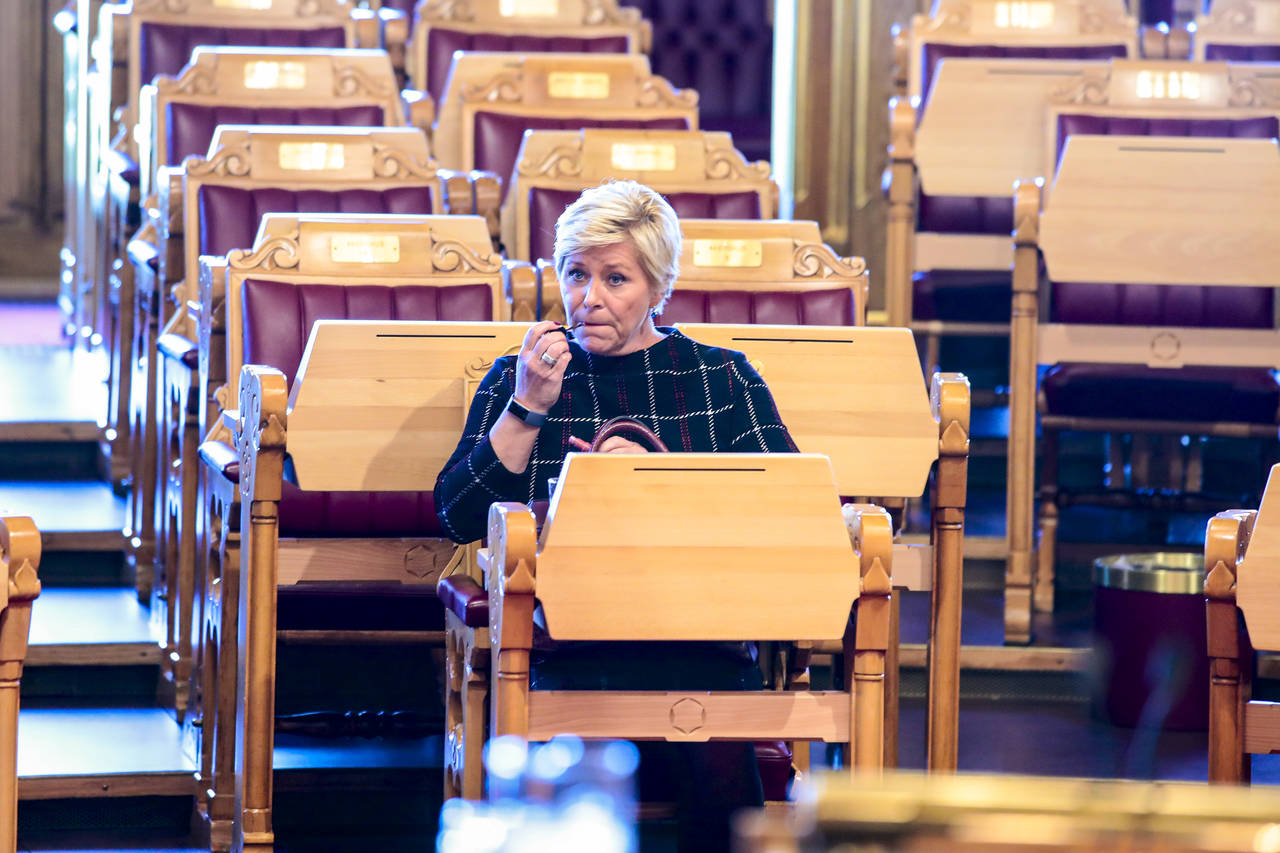 Finansminister Siv Jensen (Frp) i Stortinget for fremleggelsen av regjeringens forslag til statsbudsjett for 2020. Foto: Håkon Mosvold Larsen / NTB scanpix