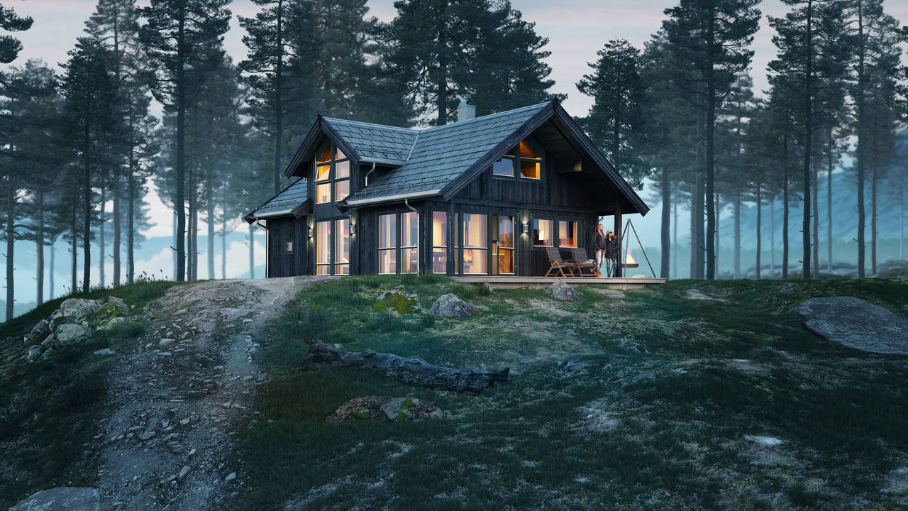 HYTTEDRØM: Norske hyttekjøpere vil ha en hytte med mye lys, lavt fotavtrykk og sengeplass til venner og familie. En av bestselgerne er SMART-serien fra Saltdalshytta. Foto: Saltdalshytta