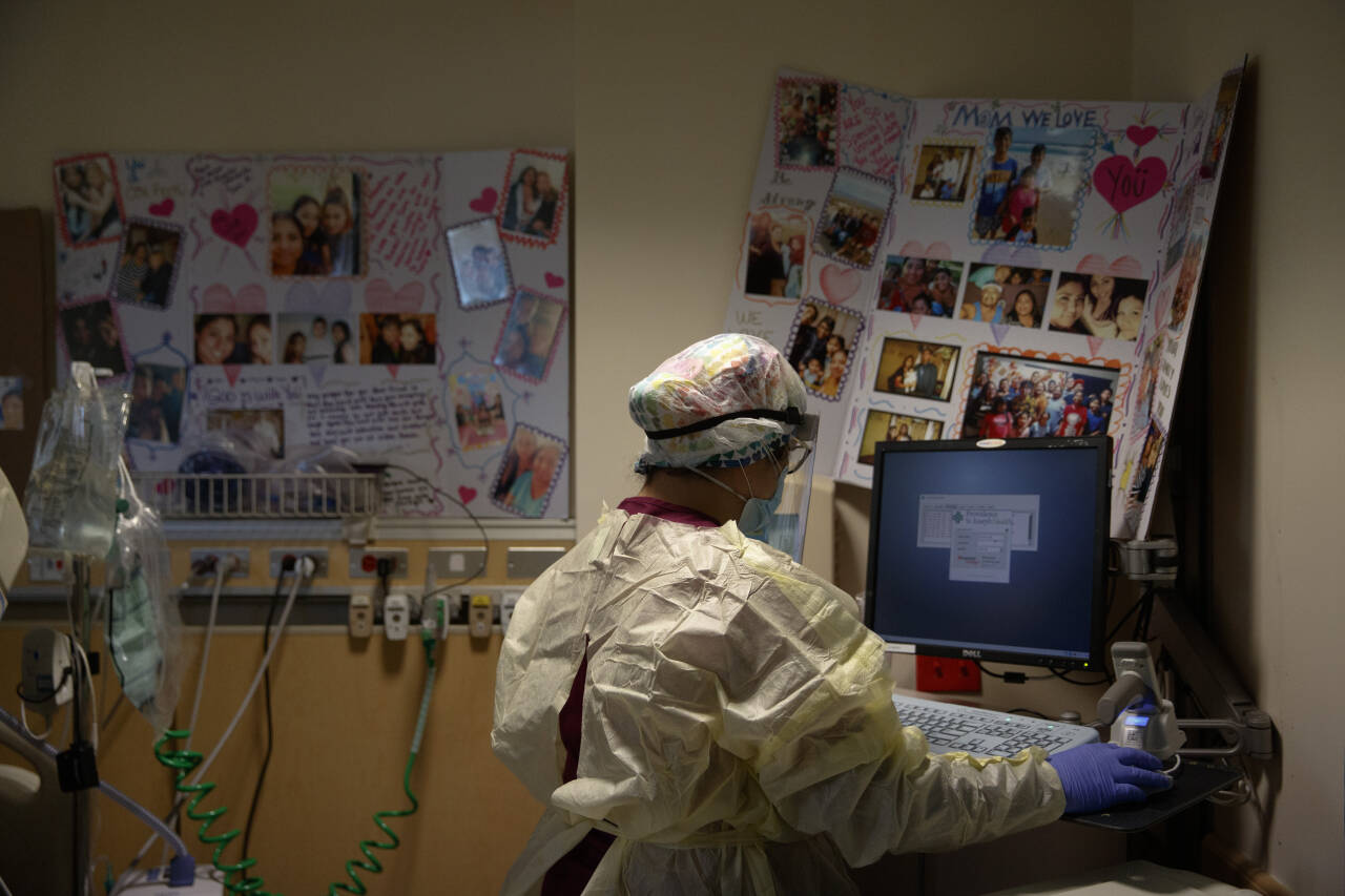 En sykepleier på et sykehus i Fullerton i California sjekker prøveresultater fra en pasient som behandles for covid-19. Foto: AP / NTB scanpix