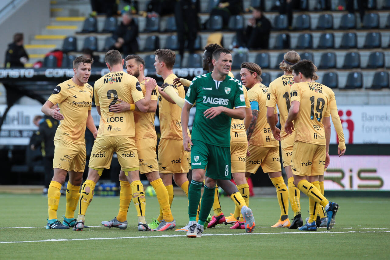 Bodø/Glimt feirer en av sine seks scoringer i europaligakvalifiseringen mot Zalgiris Kaunas forrige uke. Foto: Mats Torbergsen / NTB scanpix