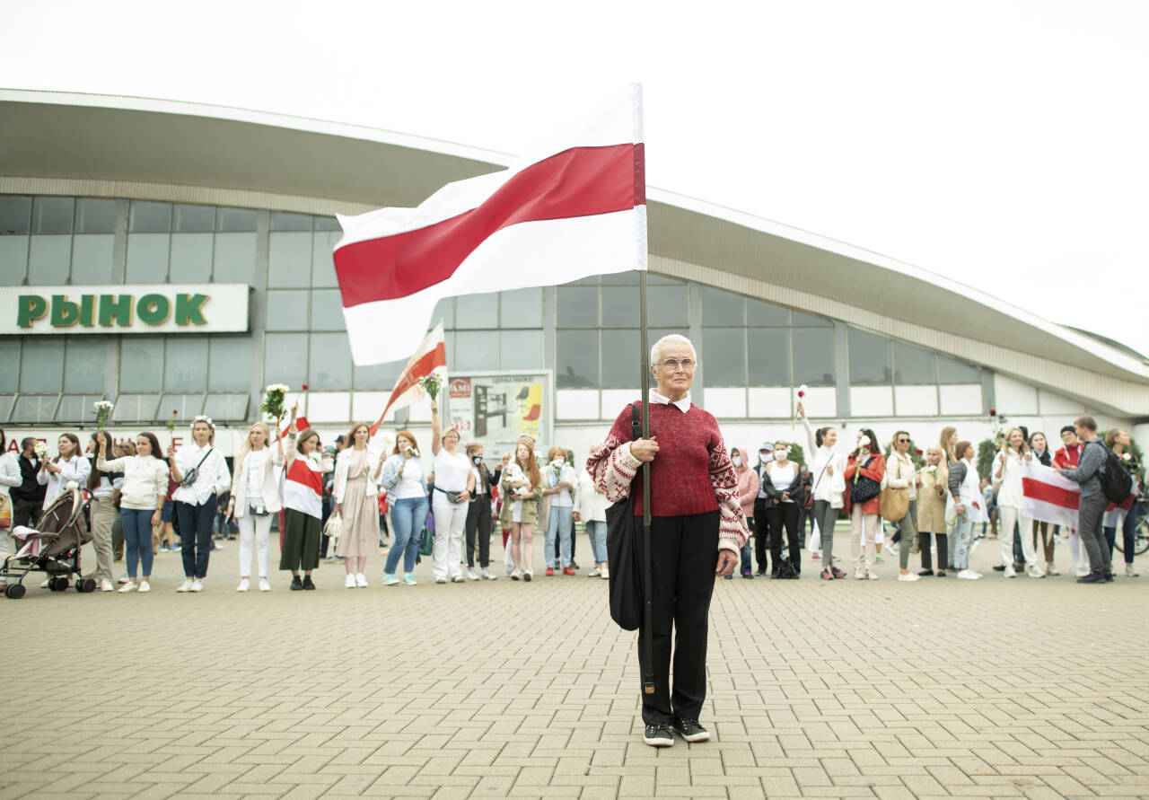 En kvinne holder opp det historiske flagget til Hviterussland under en demonstrasjon mot president Aleksandr Lukasjenko i Minsk lørdag. Hviterussland har vært preget av demonstrasjoner helt siden Lukasjenko ble gjenvalgt i presidentvalget 9. august. Foto: Evgenij Maloletka / AP / NTB scanpix