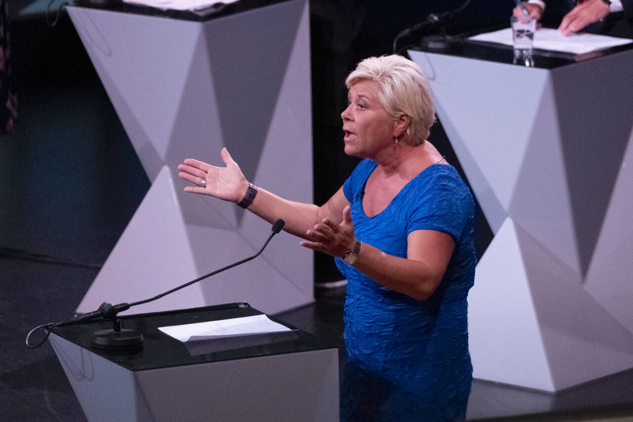 Frp-leder Siv Jensen ble konfrontert med vanskelige samarbeidsspørsmål under partilederdebatten i Arendal.Foto: Tor Erik Schrøder / NTB scanpix
