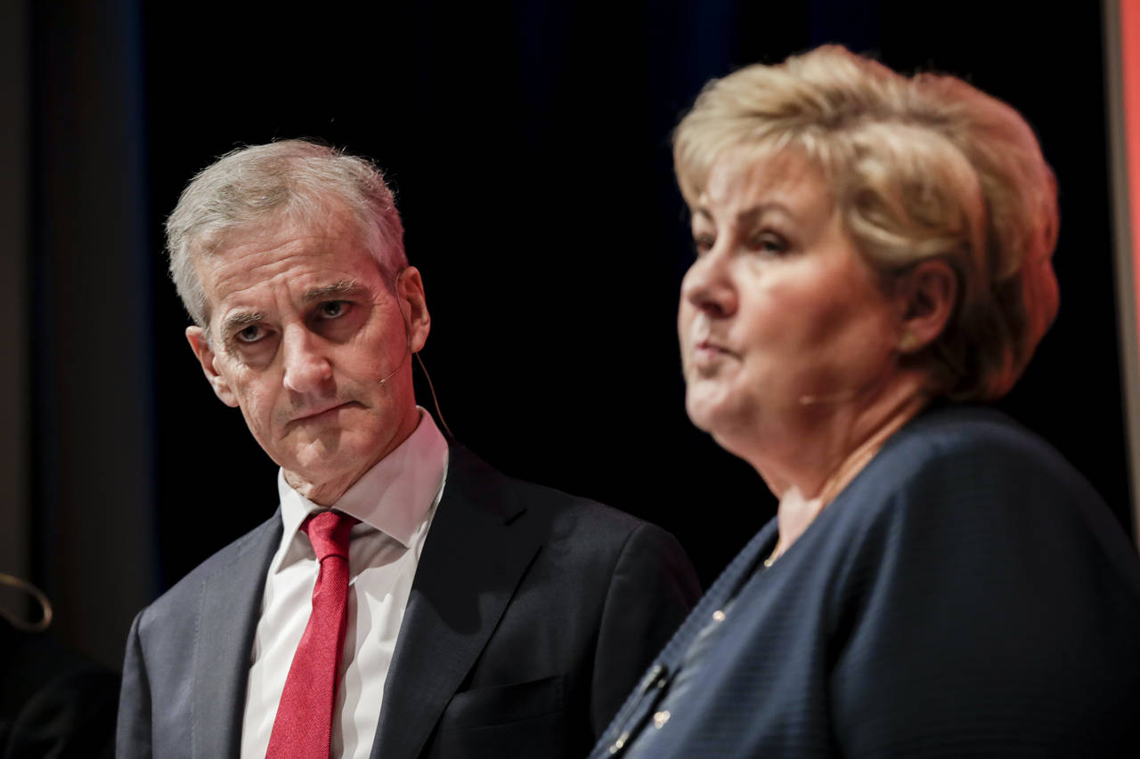 Flere velgere mener Erna Solberg (H) er bedre skikket til å være statsminister enn Jonas Gahr Støre (Ap). Foto: Vidar Ruud / NTB scanpix