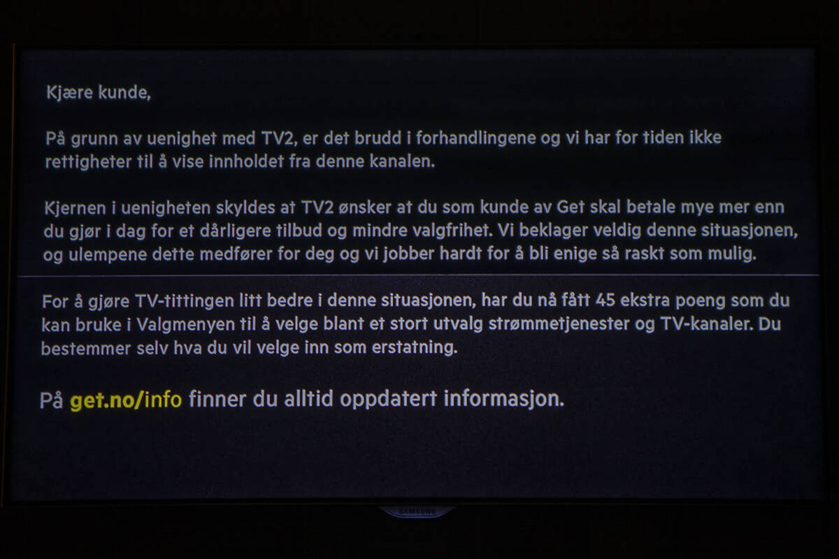 Dette er meldingen som GETs 480.000 kabel-TV-kunder har fått dersom de prøver å se en TV 2-kanal den siste måneden.Foto: Paul Kleiven / NTB scanpix