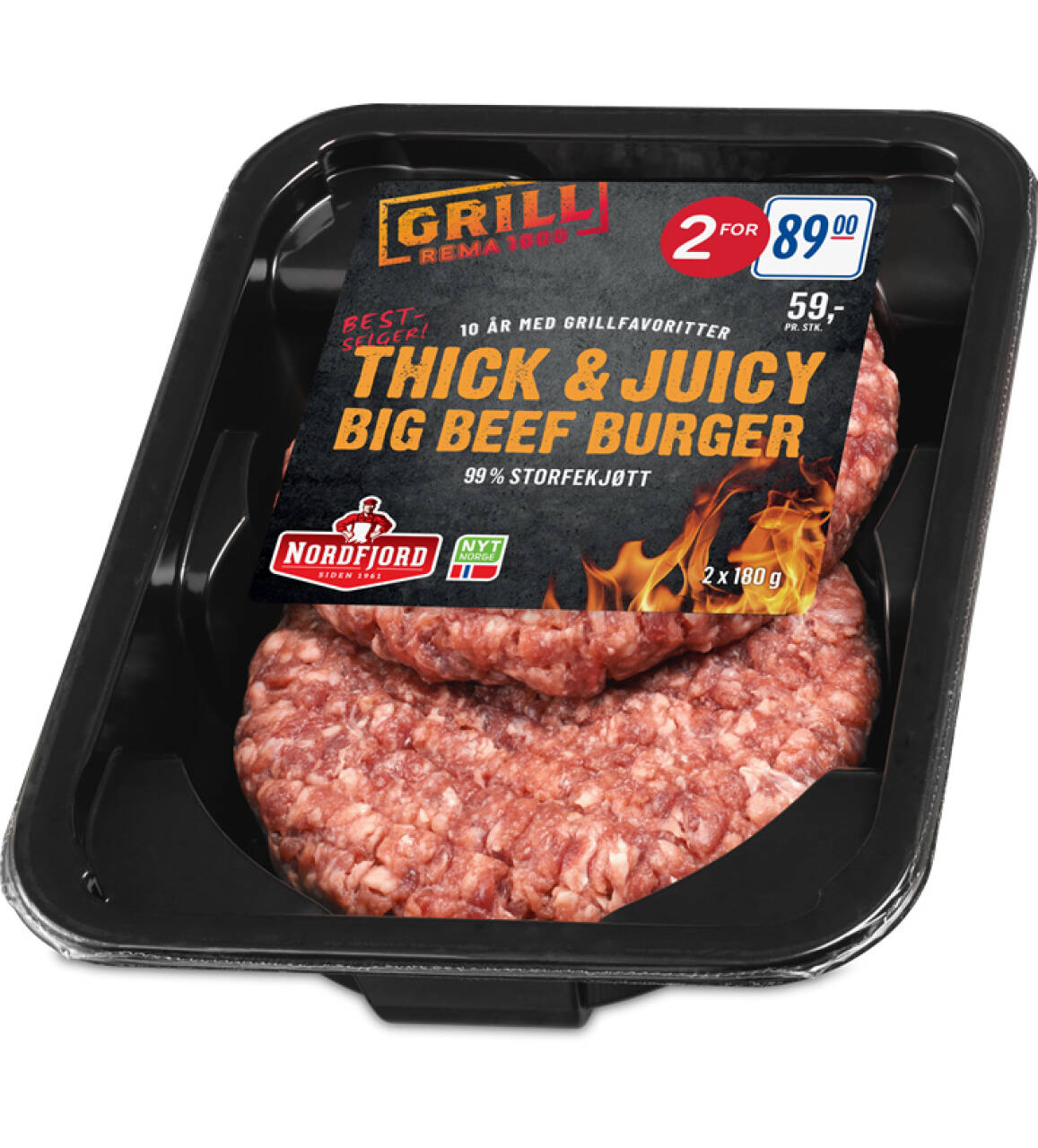 Ikke spis! Har du kjøpt en pakke av «Thick & Juicy Big Beef Burger» som går ut 8. august på Rema 1000 bør du kaste den eller levere den tilbake til butikken. Foto: Nordfjord Kjøtt / NTB scanpix. 