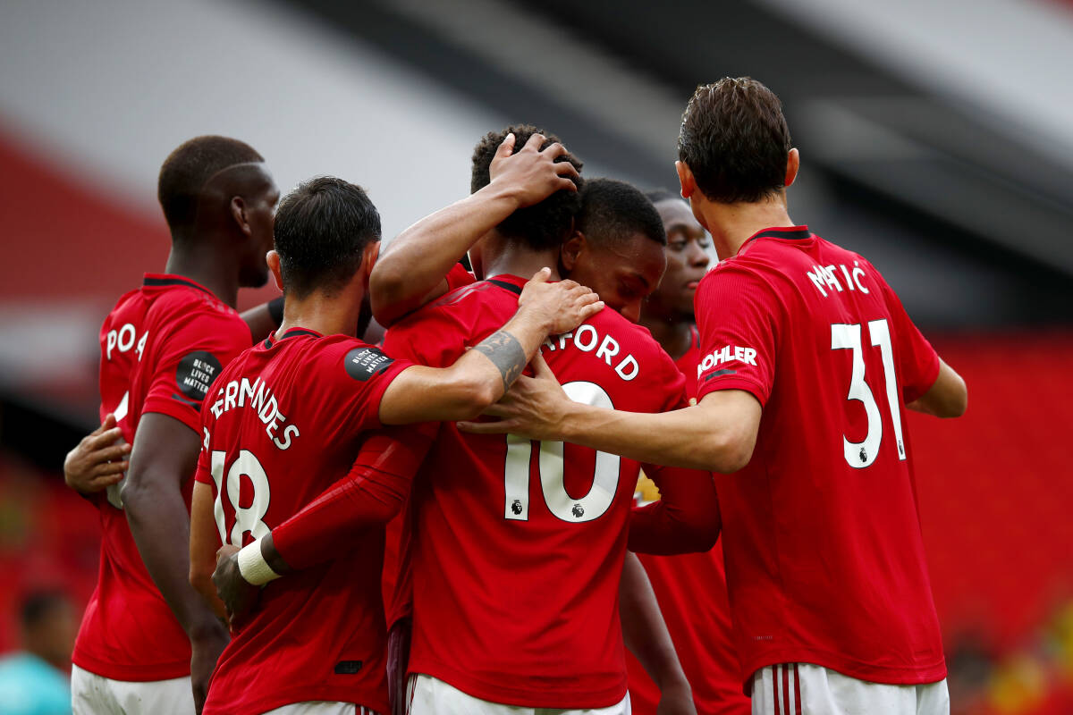 Manchester United kunne juble for fem scoringer lørdagens hjemmekamp mot Bournemouth. Ole Gunnar Solskjærs menn vant til slutt 5–2. Foto: Clive Brunskill / AP / NTB scanpix.