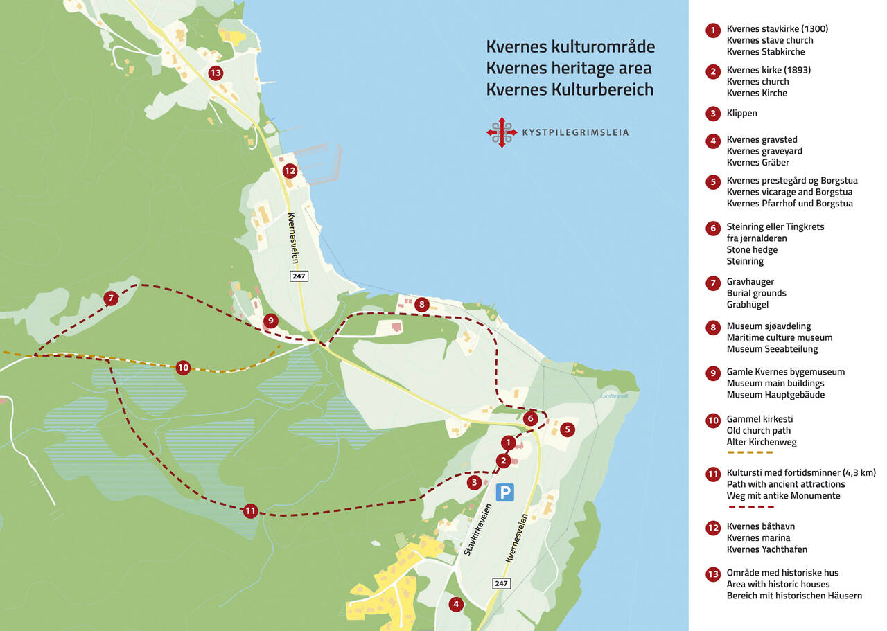 Kart over Kvernes kulturområde med turløype og attraksjoner.