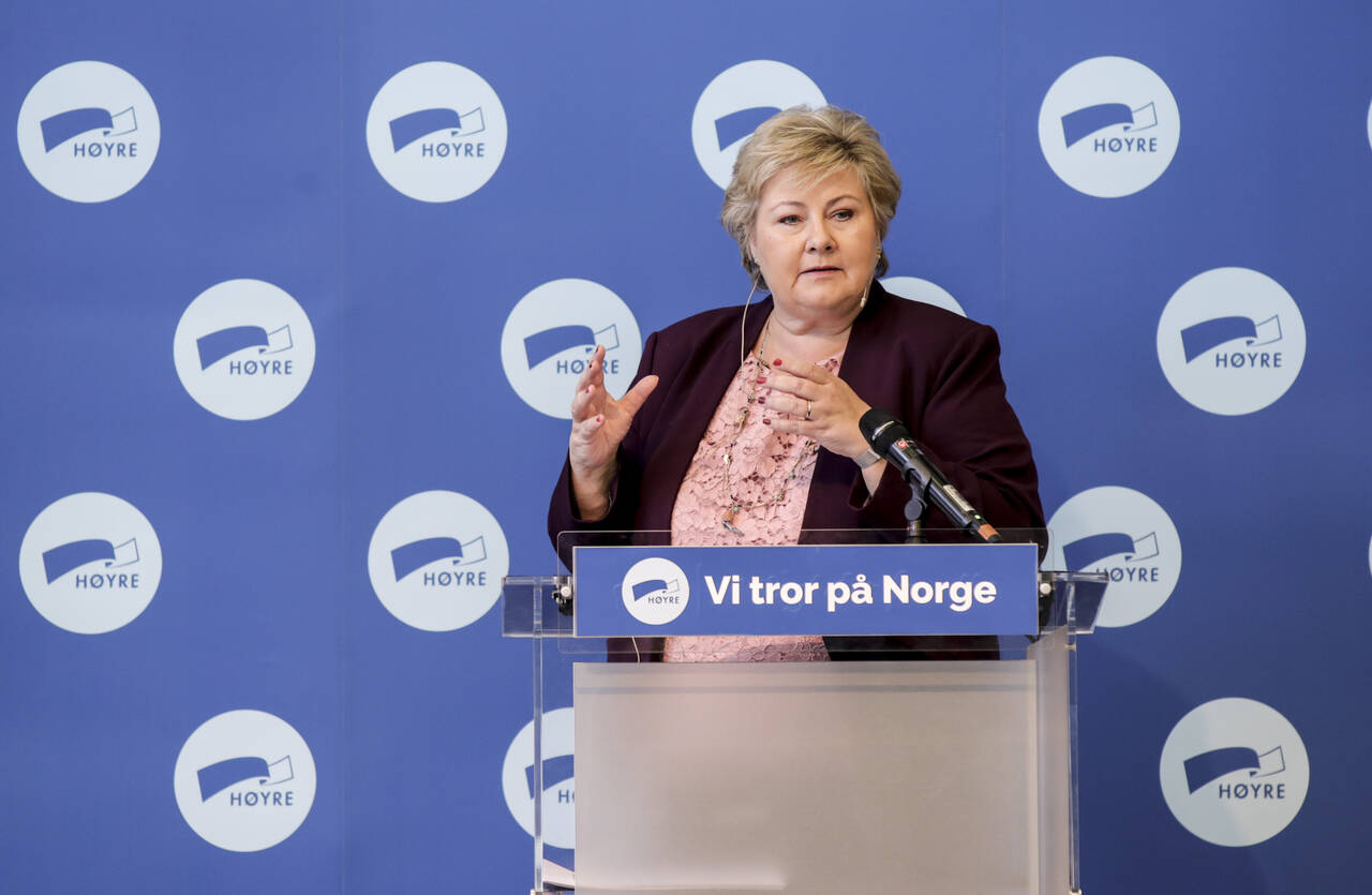 Statsminister Erna Solberg holdt innledningstale på møtet i Høyres sentralstyre i Oslo søndag. Solberg understreket at koronapandemien vil ha alvorlige konsekvenser for arbeidsmarkedet og norsk økonomi. Foto: Vidar Ruud / NTB scanpix