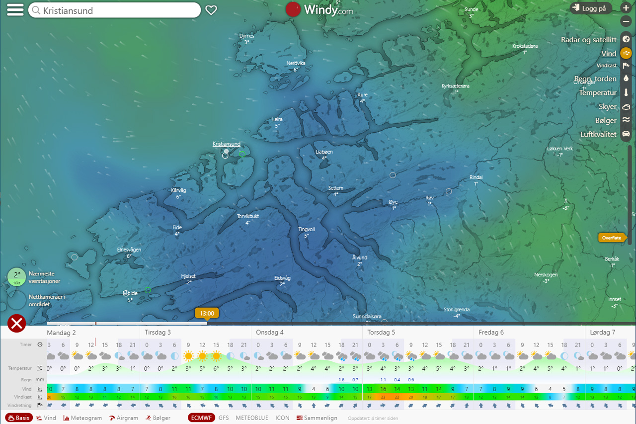 Flott vær i morgen, tirsdag 3.3.2020. Skjermdump fra Windy.com