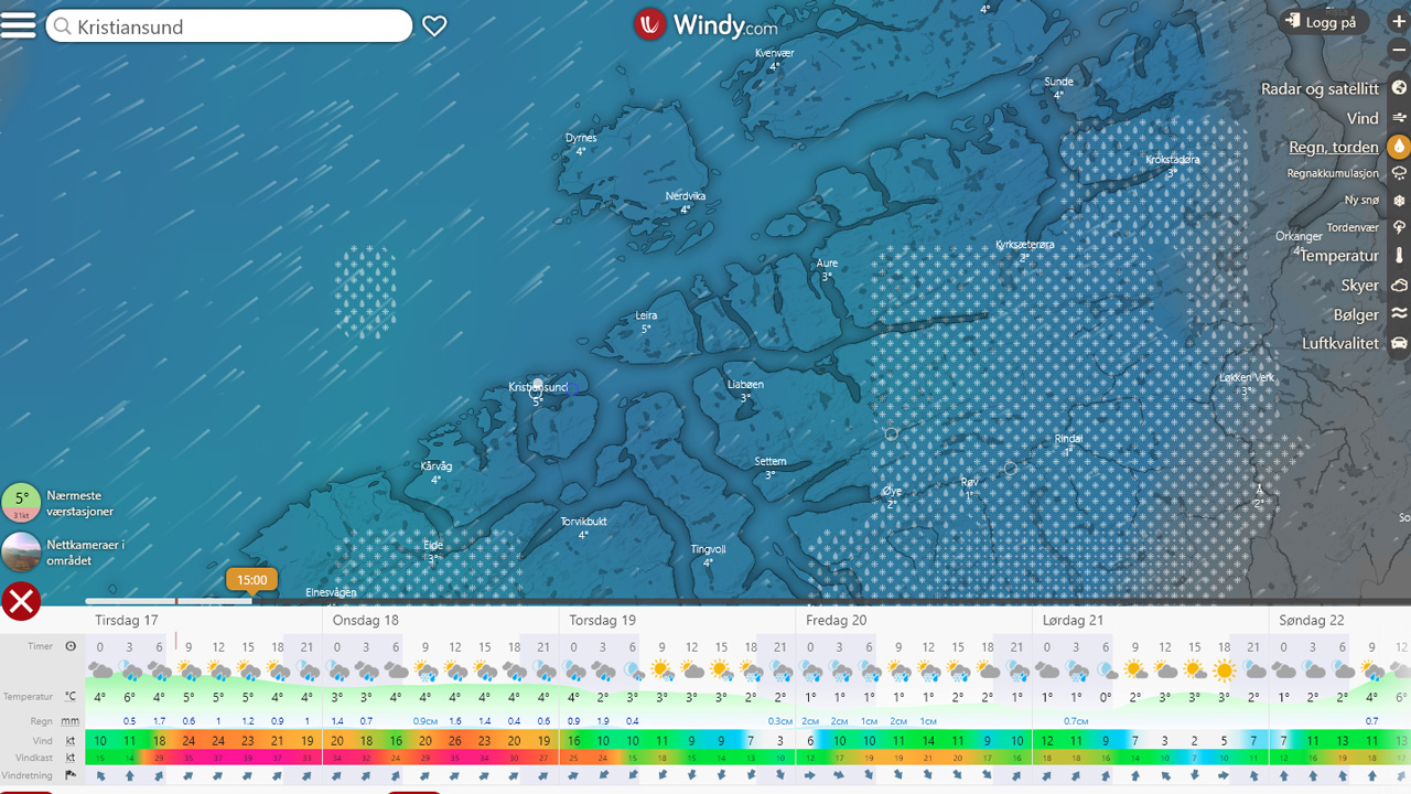 Meldt vær fra Windy.com klokken 15:00 i dag for Kristiansund. Skjermdump: Windy.com