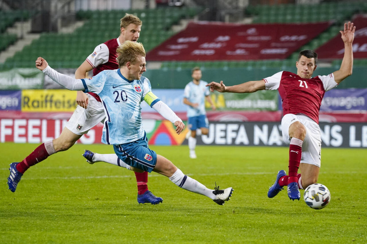 Mats Møller Dæhli og Norges «nødlandslag» var nær en sensasjon mot Østerrike, men gruppeseieren og opprykk i nasjonsligaen glapp med 1-1. Neste sjanse kommer i 2022. Foto: EXPA/ Florian Schrötter / NTB