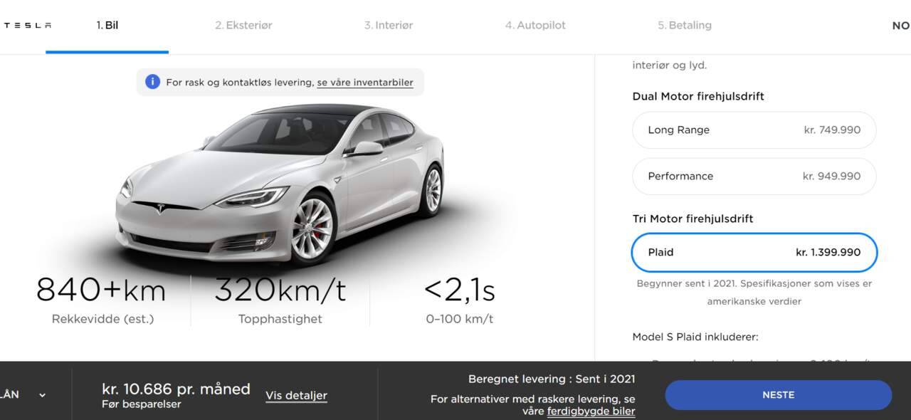 RASK: Mot slutten av 2021 kommer Tesla med en veldig kvikk versjon av Model S. Foto: Skjermdump av Teslas hjemmeside.