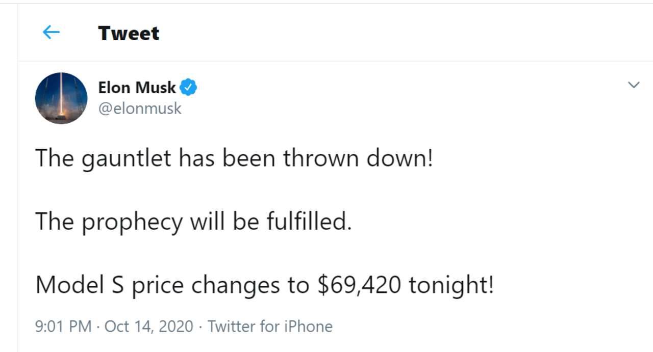 KONKURRANSE: Tesla senker prisen sine biler, først fortalt gjennom en Twitter-melding fra Elon Musk. Skjermdump / Twitter