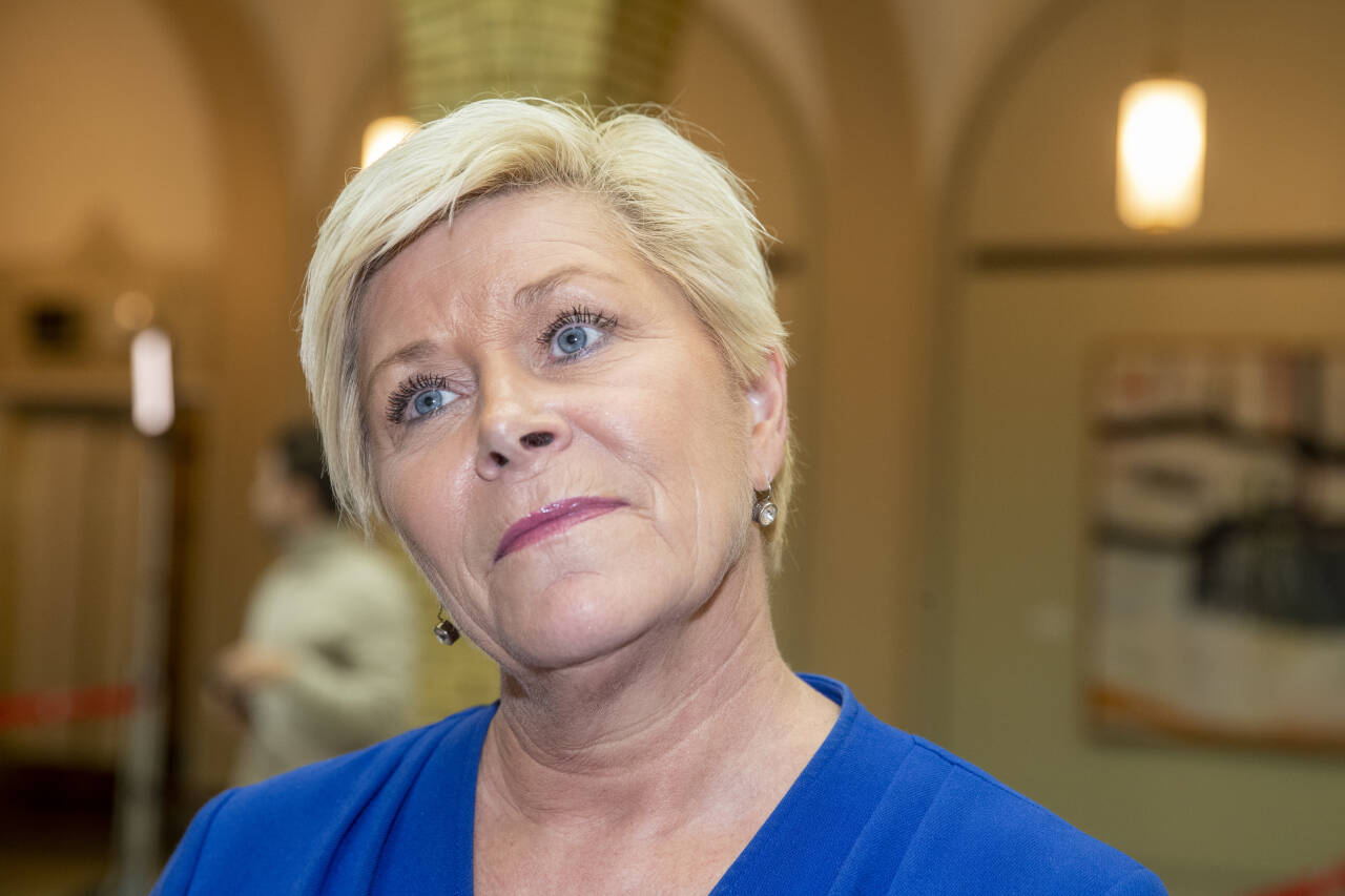 Frp-leder Siv Jensen taler på partiets landsmøte på Gardermoen lørdag. Foto: Terje Pedersen / NTB