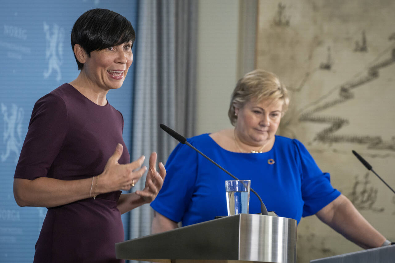 Statsminister Erna Solberg og utenriksminister Ine Eriksen Søreide holdt 18. juni pressekonferanse på Statsministerens kontor om at Norge er valgt inn som medlem av FNs sikkerhetsråd for perioden 2021–2022. Foto: Heiko Junge / NTB