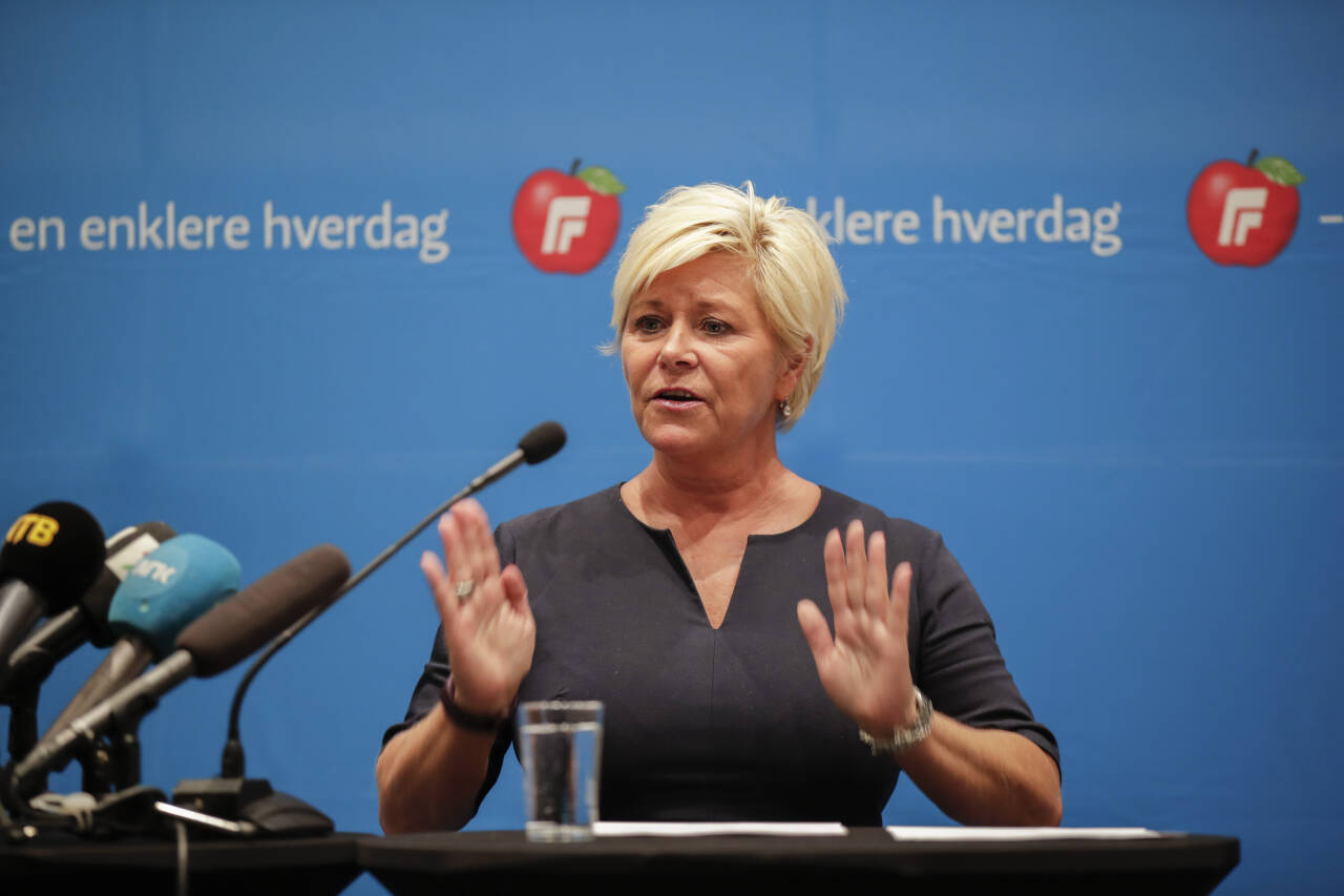 Frp-leder Siv Jensen sier til Vårt Land at gode målinger alltid er hyggelig. Foto: Vidar Ruud / NTB