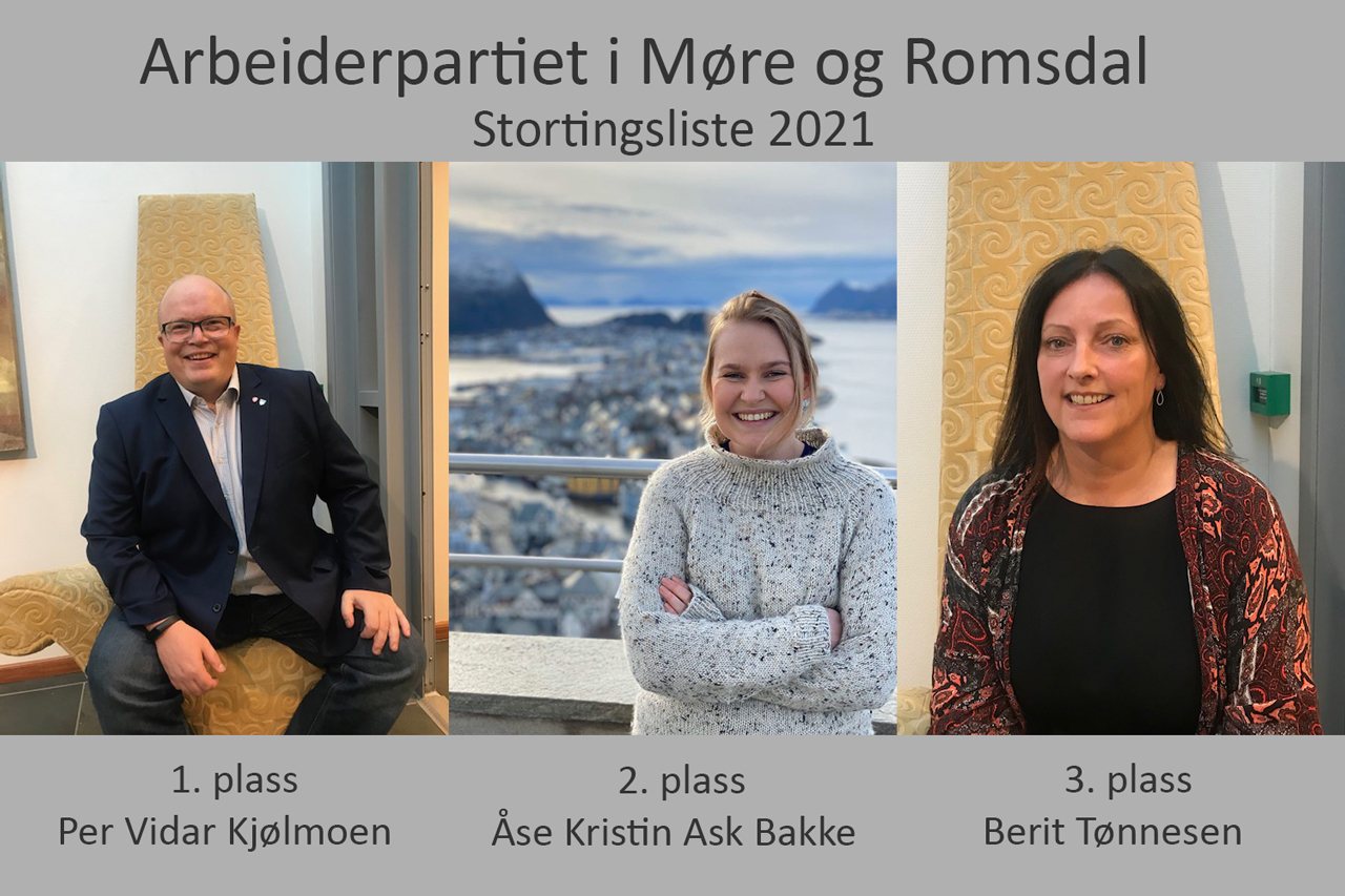 Valgkomiteen i Møre og Romsdal Arbeiderparti nominerte følgende toppkandidater til Stortingsvalget i 2021. Fra venstre: Per Vidar Kjølmoen nr. 1, Åse Kristin Ask Bakke nr. 2 og Berit Tønnesen nr. 3.