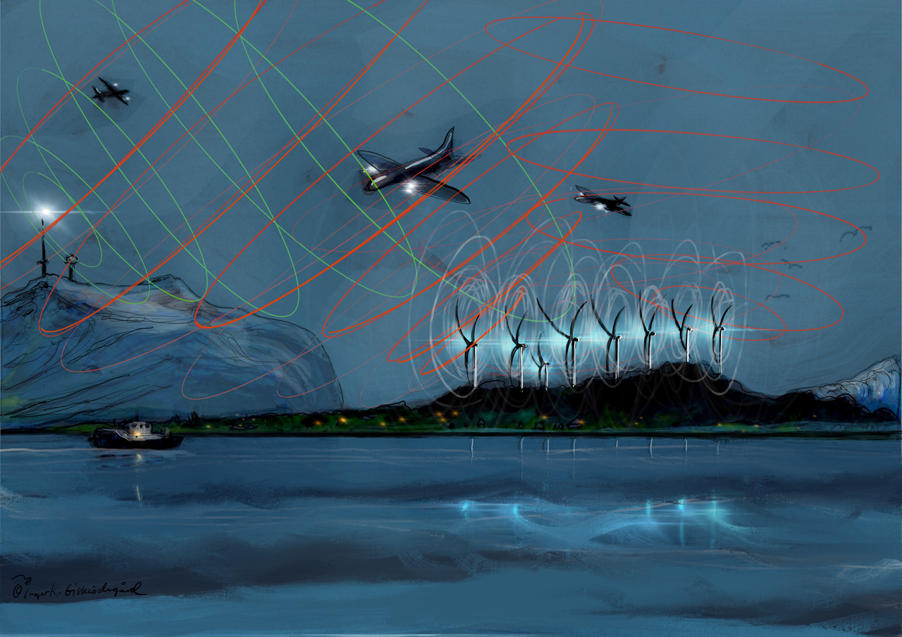 Vindturbinene på Haramsøya kan påvirke radaren på Gamleveten og flysikkerheten. Forholdet er heller ikke konsekvensutredet. Illustrasjon: Inger K Giskeødegård
