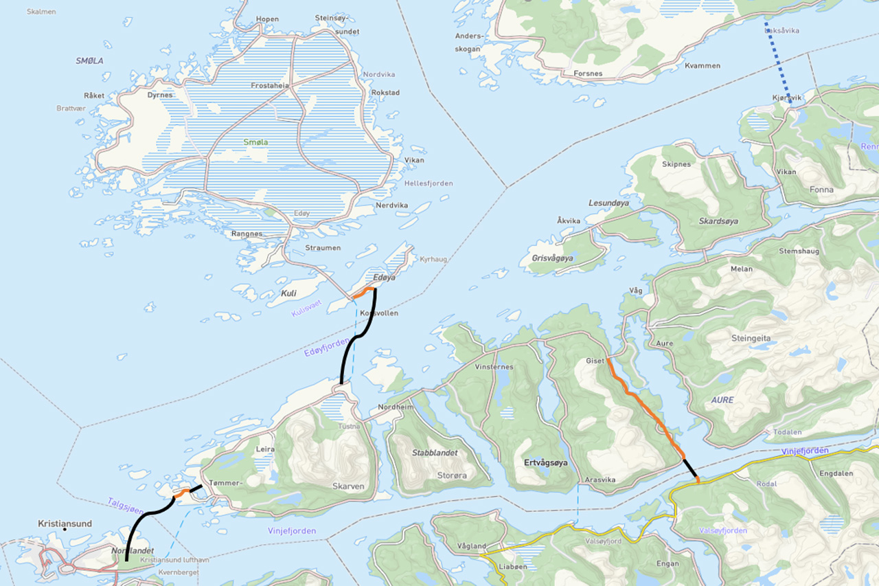 Kart som viser samferdselsprosjektet "Solskjeltriangelet" som binder sammen Kristiansund og Aure med tunell under Talgsjøen, Smøla og Aure med tunell under Edøyfjorden samt Aure og Heim med bru over Vinjefjorden.