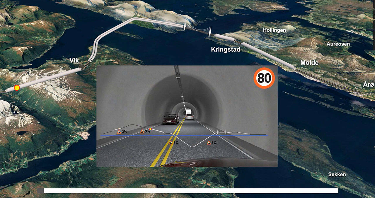 Møreaksen m /tuneller. Skjermdump av animasjon som viser de svært lange og omfattende tunellene i forbindelse med Møreakseprosjektet. Illustrasjon: Romsdalsaksen