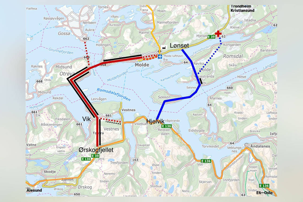 Møreaksen med nødvendige følgestrekninger markert med rødt, Romsdalsaksen med blått. Svart markerer tunneler. Blå stiplet linje angir alternativ trasé for Romsdalsaksen.