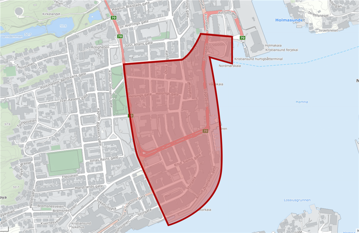 Område med totalforbud i Kristiansund sentrum. Illustrasjon: Kristiansund kommune