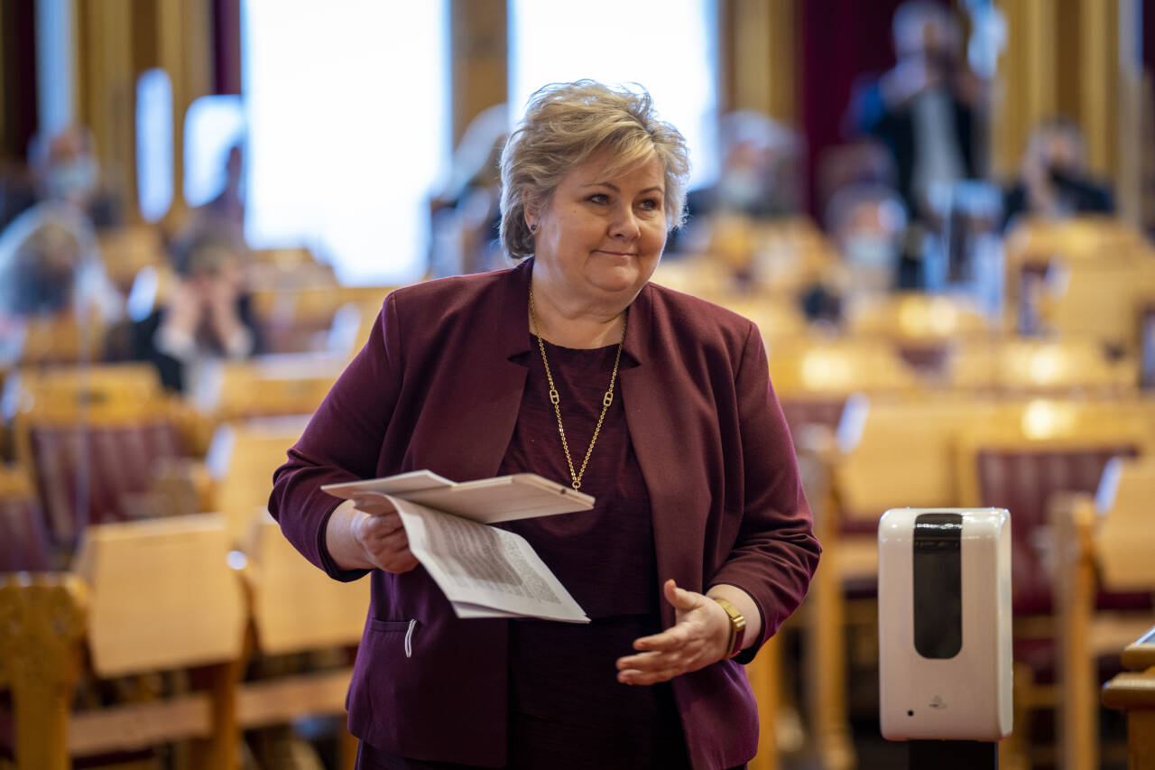Statsminister Erna Solberg (H) i den muntlige spørretimen i Stortinget onsdag. Foto: Heiko Junge / NTB