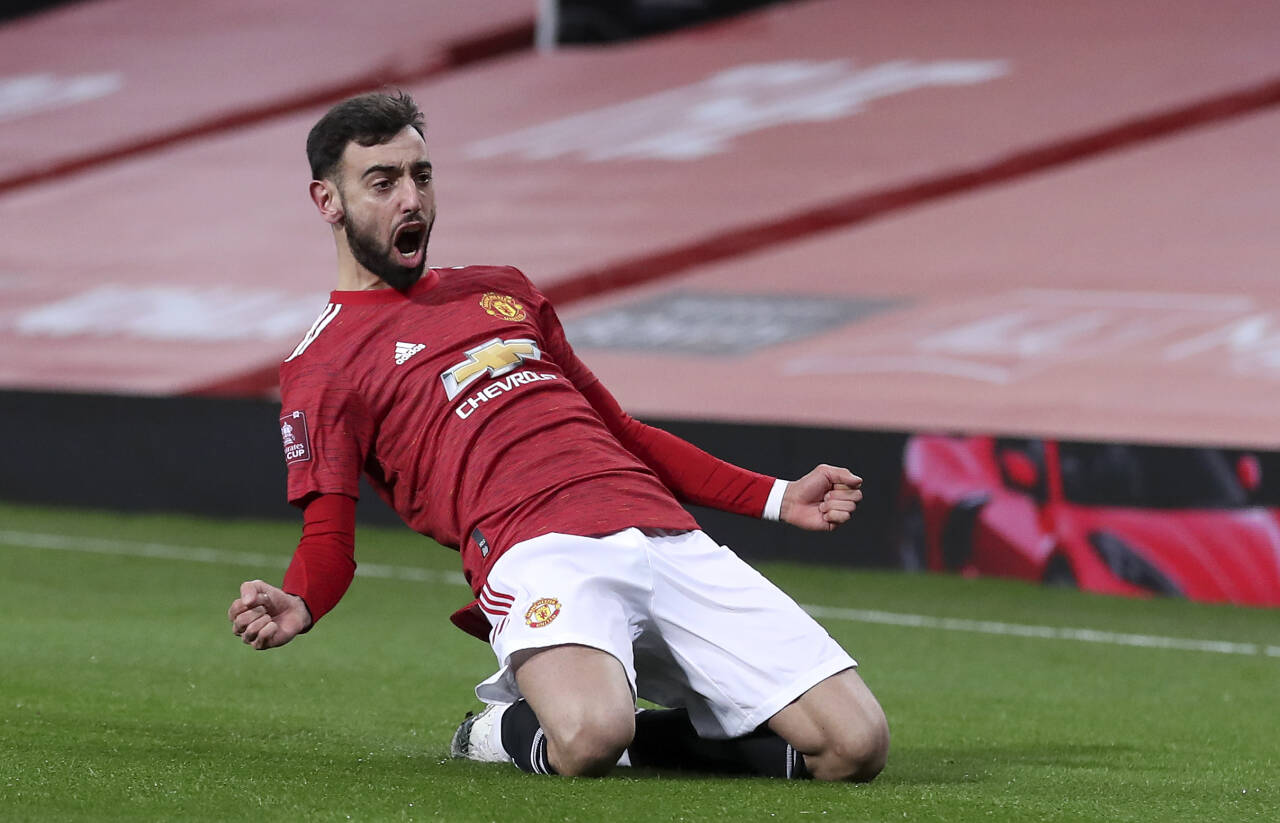 Bruno Fernandes ble matchvinner da Manchester United slo Liverpool ut av FA-cupen søndag. Foto: Martin Rickett/AP/NTB.