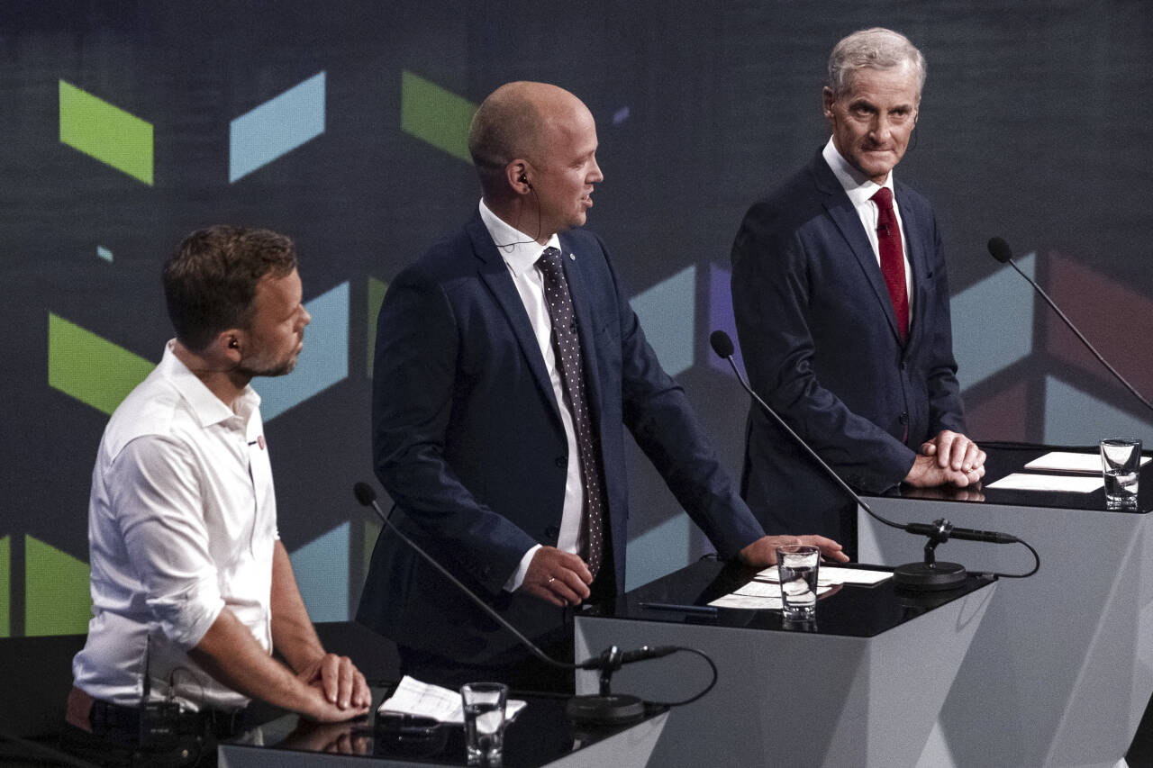 Audun Lysbakken (SV), Trygve Slagsvold Vedum (SP) Jonas Gahr Støre (AP) under partilederdebatt i Arendal i fjor høst. Foto: Tor Erik Schrøder / NTB