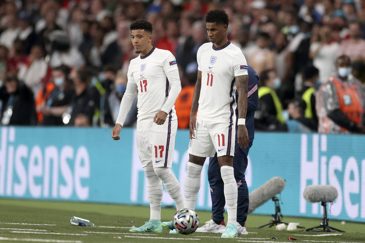 Verken Jadon Sancho eller Marcus Rashford så ut til å ha altfor mye selvtillit da de ble byttet inn like før slutt i søndagens EM-finale. Foto: Carl Recine / Pool Photo via AP / NTB