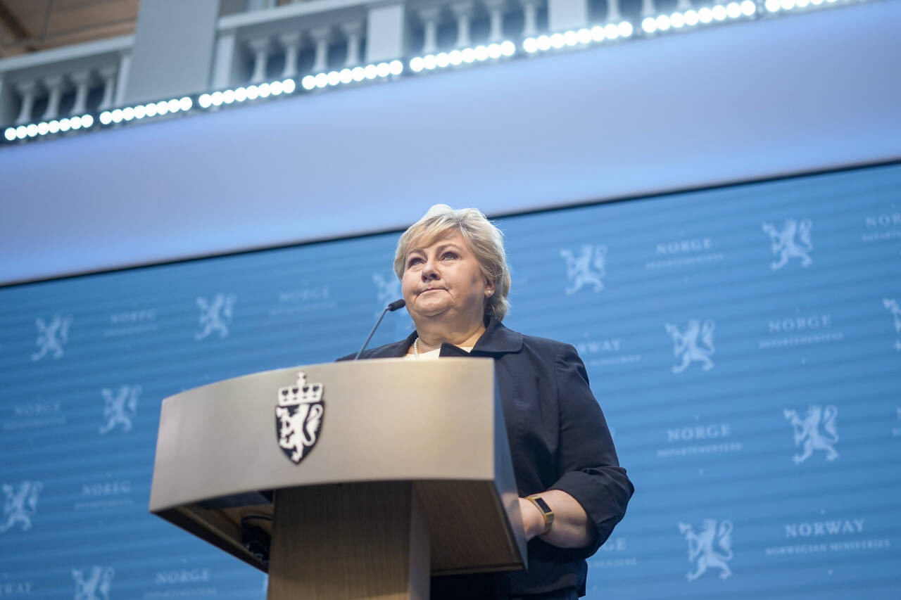 Statsminister Erna Solberg (H) på en tidligere pressekonferanse om gjenåpningen av Norge. Foto: Fredrik Hagen / NTB