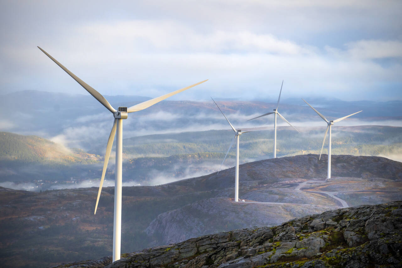 Storheia vindpark er den største av vindparkene til Fosen Vind, og den andre av vindparkene som ble bygget. Da den ble overført til ordinær drift i februar 2020 var den Norges største med 80 turbiner og en installert effekt på 288 MW.Foto: Heiko Junge / NTB