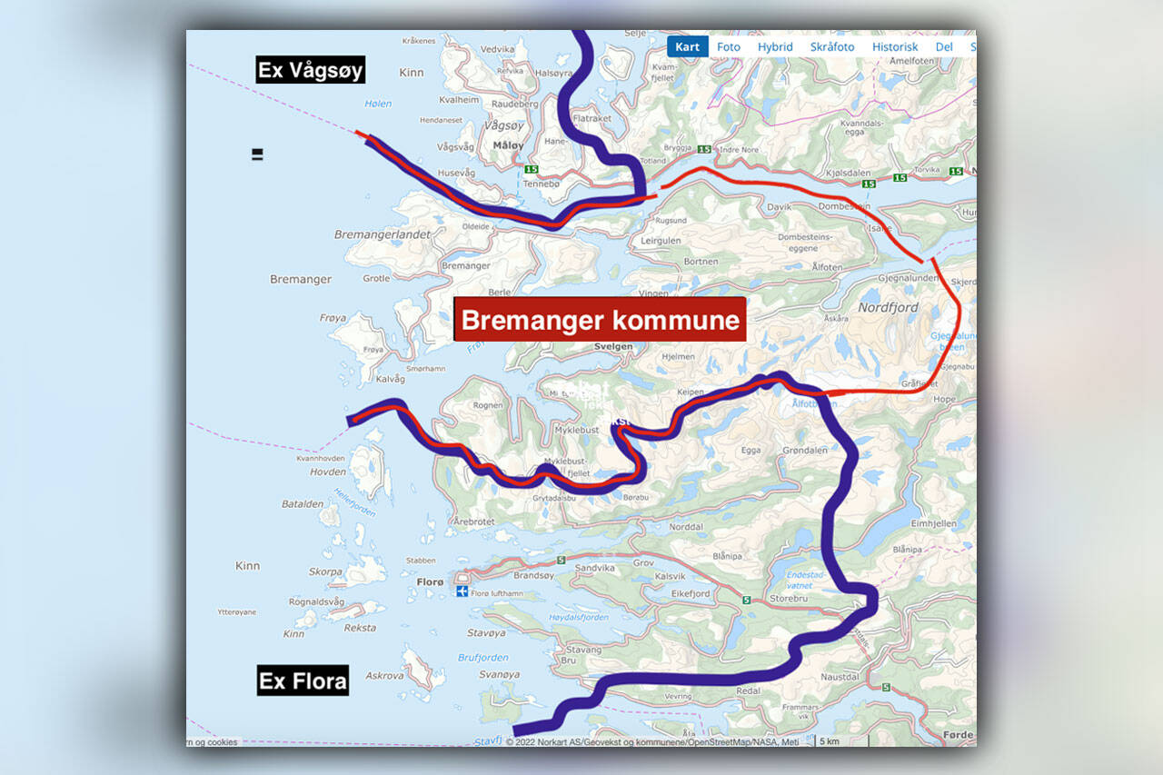 Illustrasjonen viser hvor snål Kinn kommune er - omtrent som om Kristiansund og Smøla danner Grip kommune uten Aure! Noe lignende i sentrale deler av Sunnmøre, mon tro?