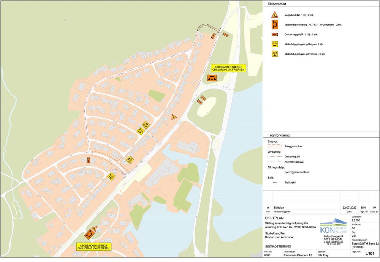 Kart med anvist omkjøringsvei på Storbakken, Frei, Kristiansund. Kristiansund kommune / IKON