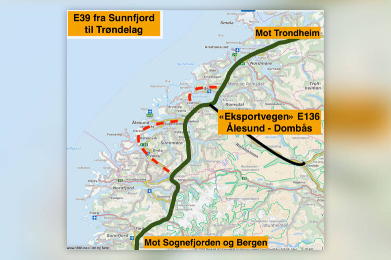 Illustrasjonen viser hvordan traseen løses i nærliggende områder sør og nord for vårt fylke, og hvordan den burde være i Møre og Romsdal. De stiplede røde markeringene viser hvor merkelig E39 er planlagt med Hafast og Møreaksen.