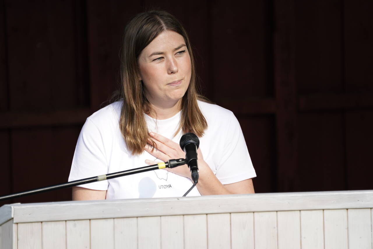 Leder i AUF Astrid Hoem taler på Utøya sommeren 2021. Foto: Torstein Bøe / NTB