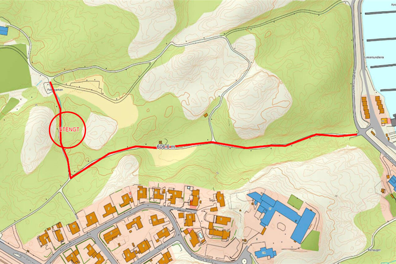 Turstien markert med rødt vil bli stengt i hele vinter og fram til at anleggsarbeidene er ferdige i april/mai 2022. Illustrasjon: Kristiansund kommune