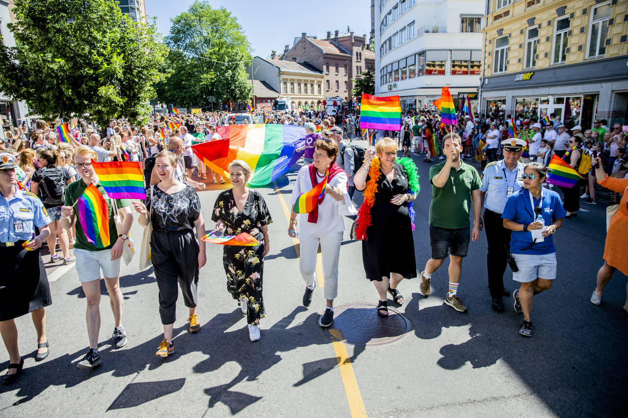 Unge med foreldre fra land utenfor Vest-Europa, har i snitt mindre tolerante holdninger til homofili enn unge fra Vest-Europa. Bildet er fra pride-paraden i Oslo i 2018. Foto: Stian Lysberg Solum / NTB