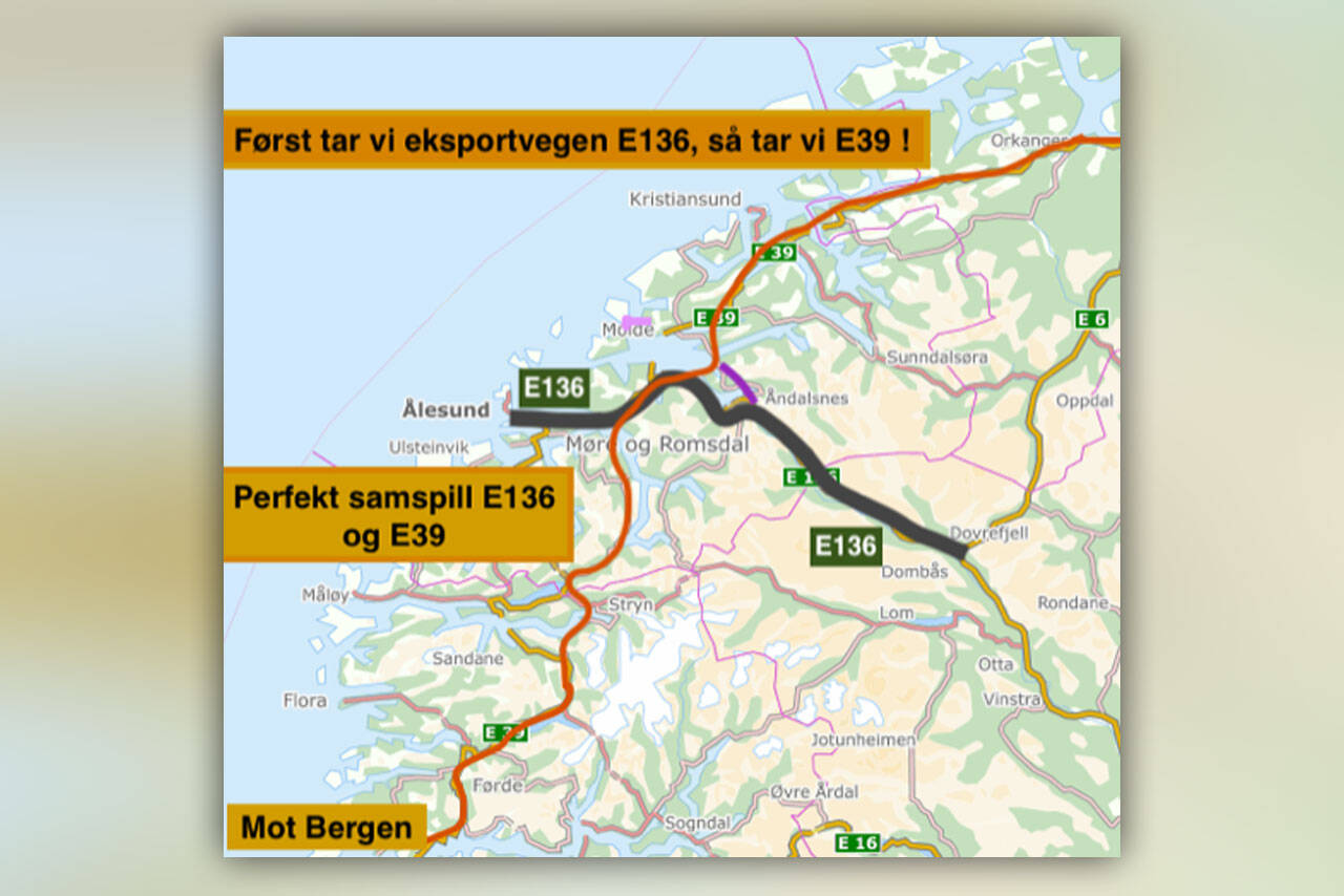 Illustrasjonen viser hvordan strekningen fra Sognefjorden mot Trondheim bør se ut. Omveier mot Florø, Måløy, Hafast, MA, og det gamle forslaget på Nordmøre ville gitt en snodig trase for ny E39.