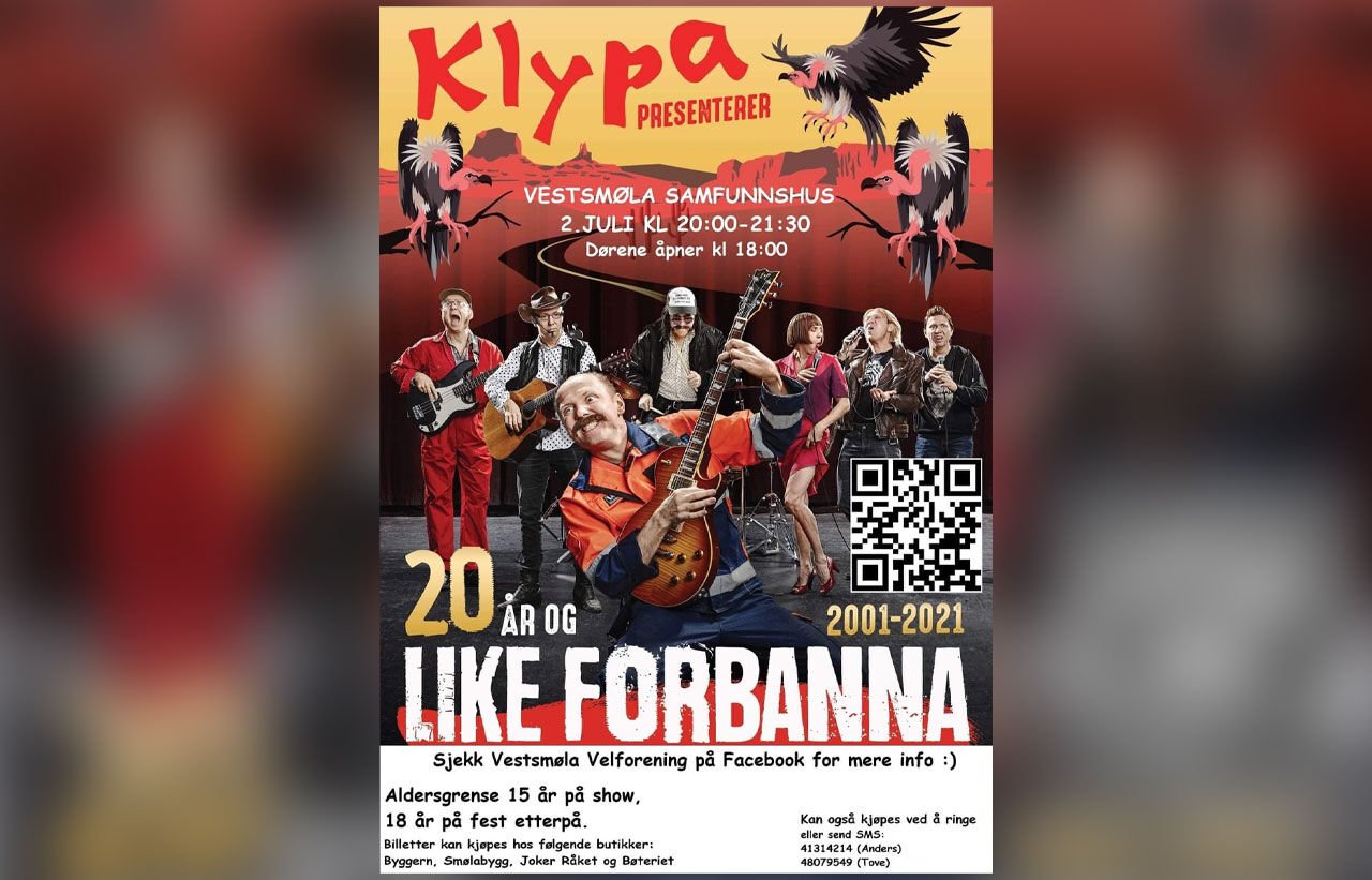 Arrangementsplakat: 20 år og like forbanna!, med Klypa på Smøla i helga, lørdag 2.juli 2022.