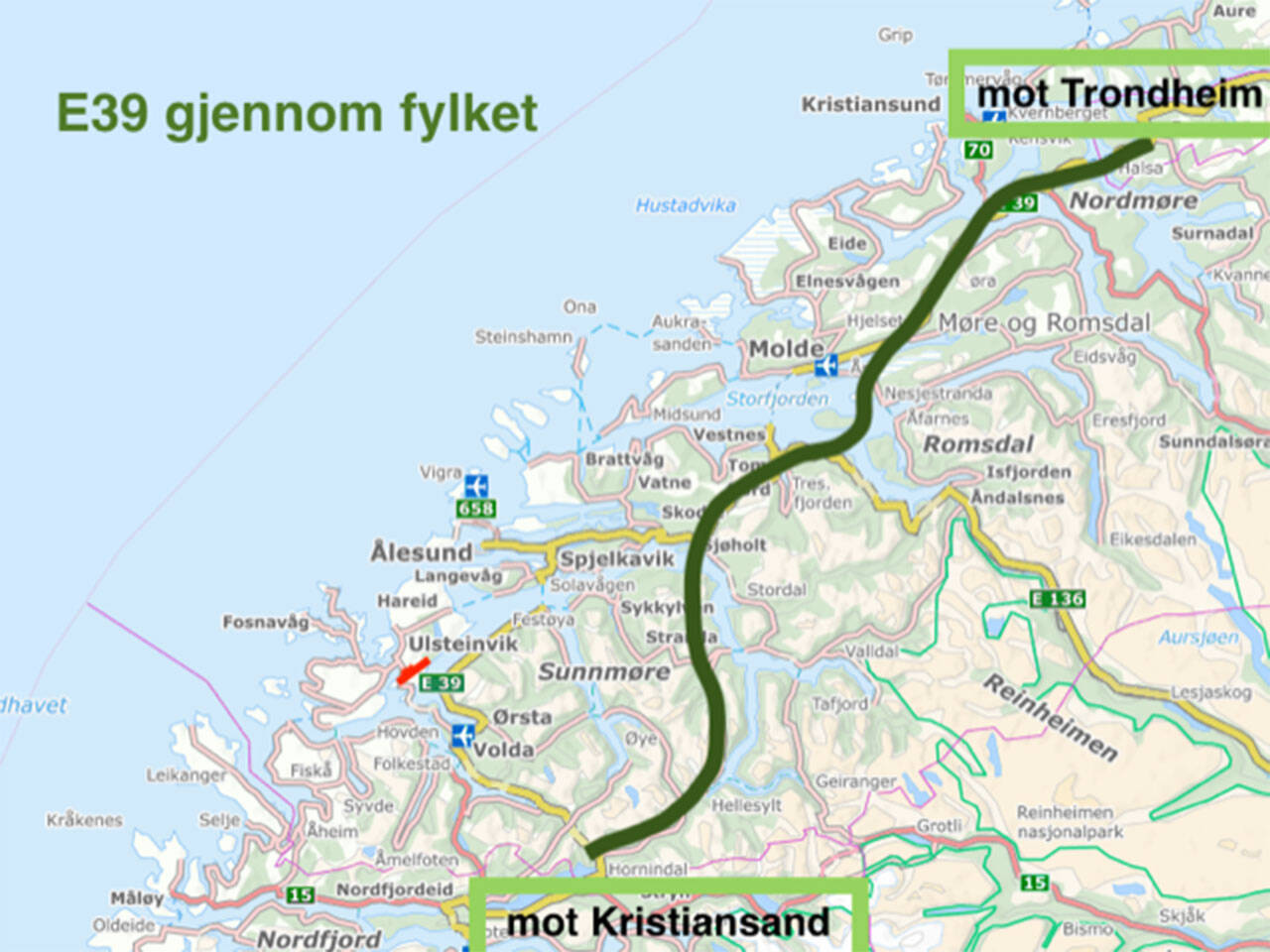 Illustrasjonen viser hvordan vegen mellom Grodås og Halsa på Nordmøre kan bygges. Rød strek mot vest illustrerer knappe 5 mil med «Hafast».