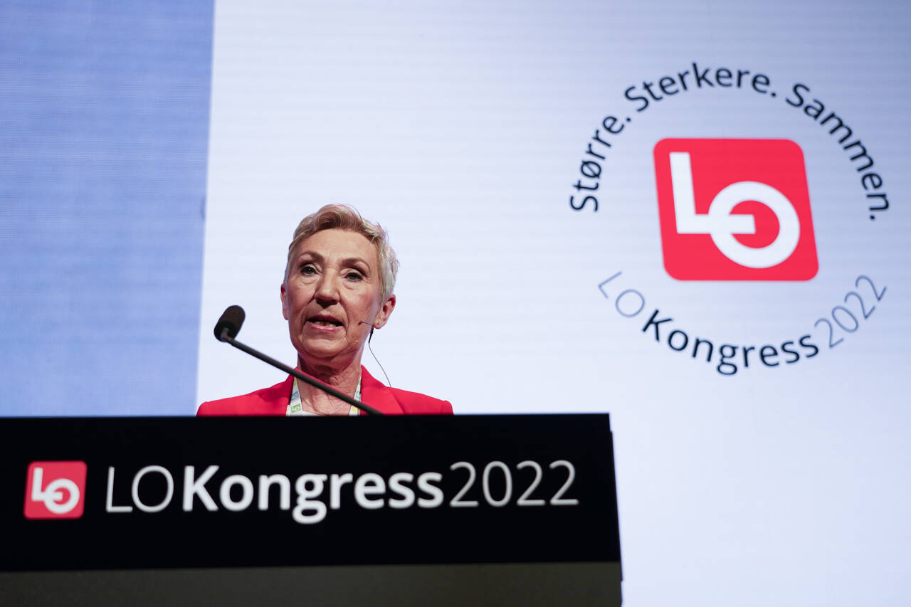 LO-leder Peggy Hessen Følsvik holdt mandag åpningstalen på LOs 35. ordinære kongress. Foto: Gorm Kallestad / NTB