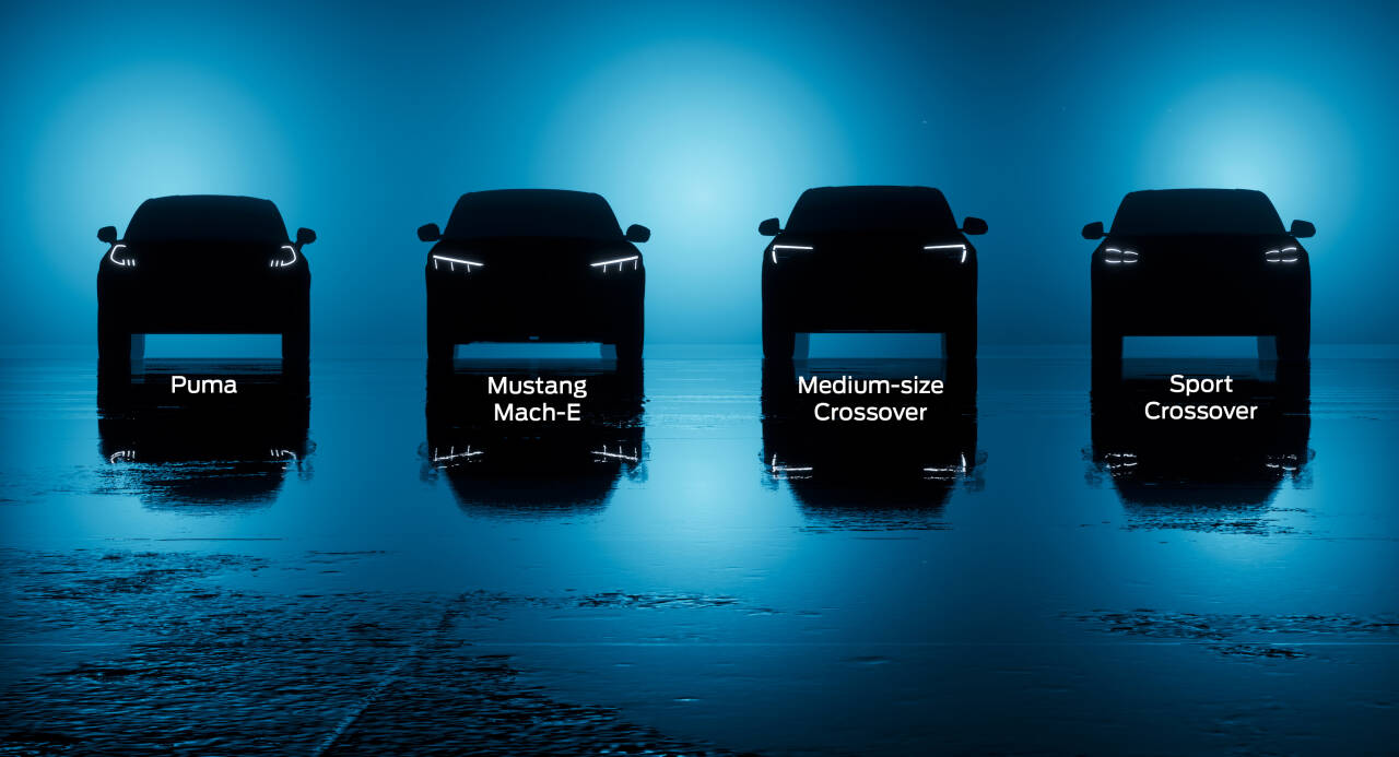 TRE: Tre av de sju nye elbilmodellene fra Ford er personbiler, resten er nyttekjøretøy. Mustang Mach-E er på markedet i dag. Foto: Produsenten