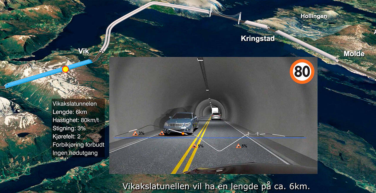 Utklipp fra animasjonen «En reise i mørket» som her viser enkeltløpet tunnel og høydeprofilen med Møreaksen.